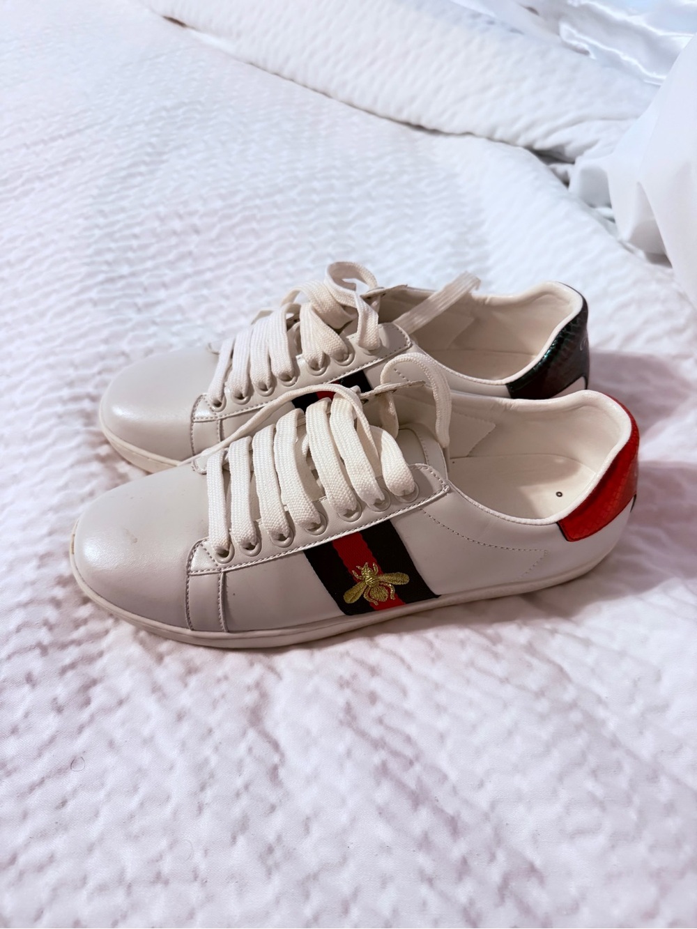 Women's White Sneakers with Green and Red Stripe - Picture 3 of 6